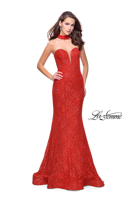 Picture of: Strapless Beaded Lace Mermaid Dress with T Back in Poppy Red, Style: 26261, Main Picture