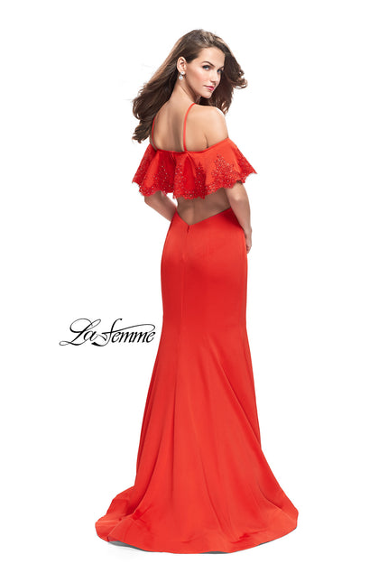 Picture of: Form Fitting Satin Mermaid Dress with Shoulder Cutouts in Poppy Red, Style: 26145, Back Picture