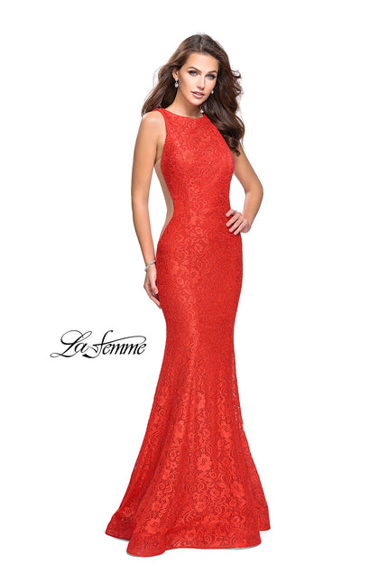 Picture of: Lace Mermaid Dress with Sheer Sides and Low Back in Poppy Red, Style: 24903, Detail Picture 2