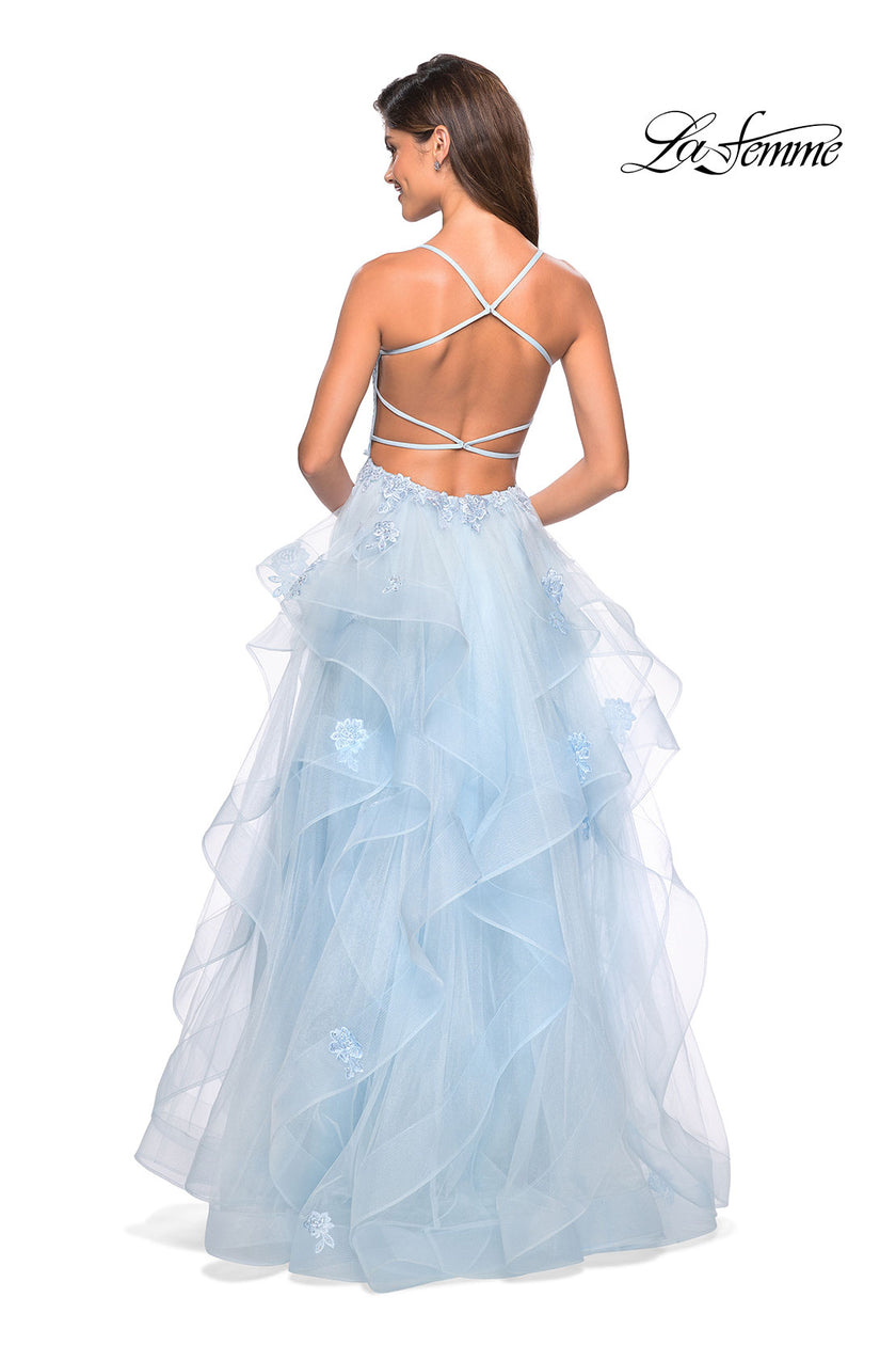 Picture of: Floor Length Tulle Dress with Floral Embellishments in Powder Blue, Style: 27579, Back Picture