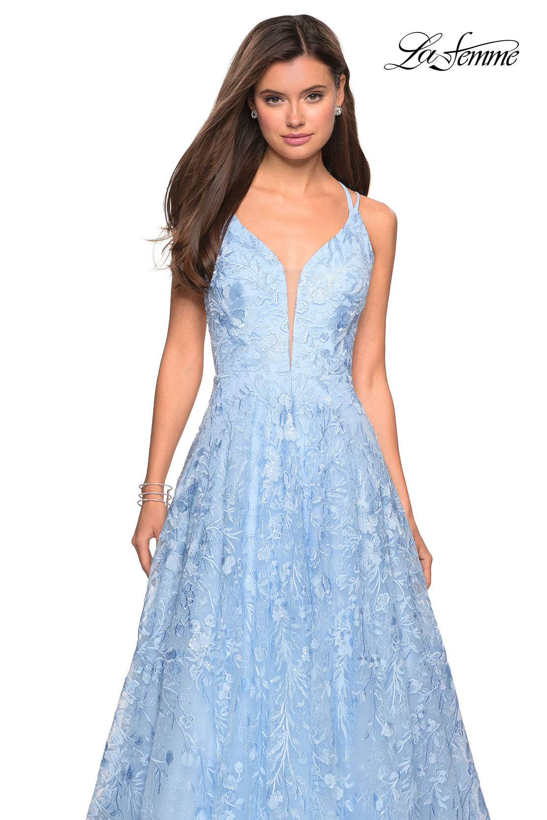 Picture of: Pastel A-Line Floral Prom Dress with Strappy Back in Powder Blue, Style: 27759, Detail Picture 3