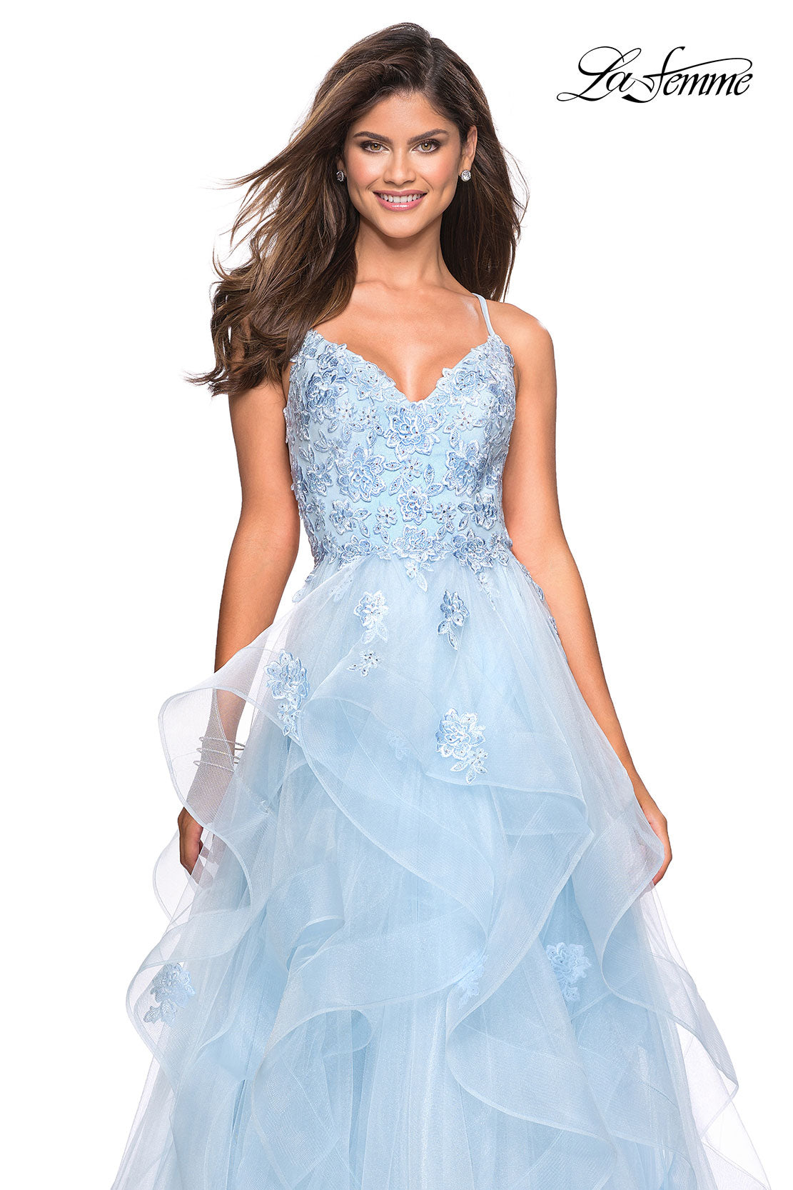 Picture of: Floor Length Tulle Dress with Floral Embellishments in Powder Blue, Style: 27579, Detail Picture 4