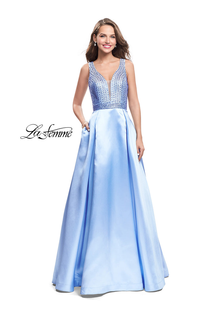 Picture of: A-line Pleated Satin Prom Gown with Metallic Beading in Powder Blue, Style: 26293, Main Picture
