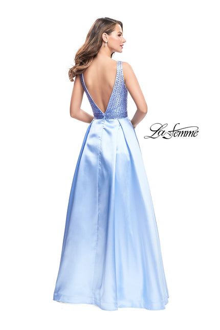 Picture of: A-line Pleated Satin Prom Gown with Metallic Beading in Powder Blue, Style: 26293, Back Picture