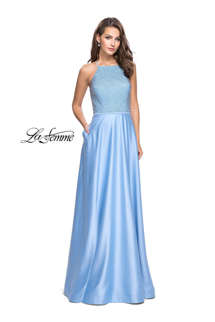 Picture of: Satin A-line Ball Gown Featuring Beading and a High Neck in Powder Blue, Style: 25601, Detail Picture 1