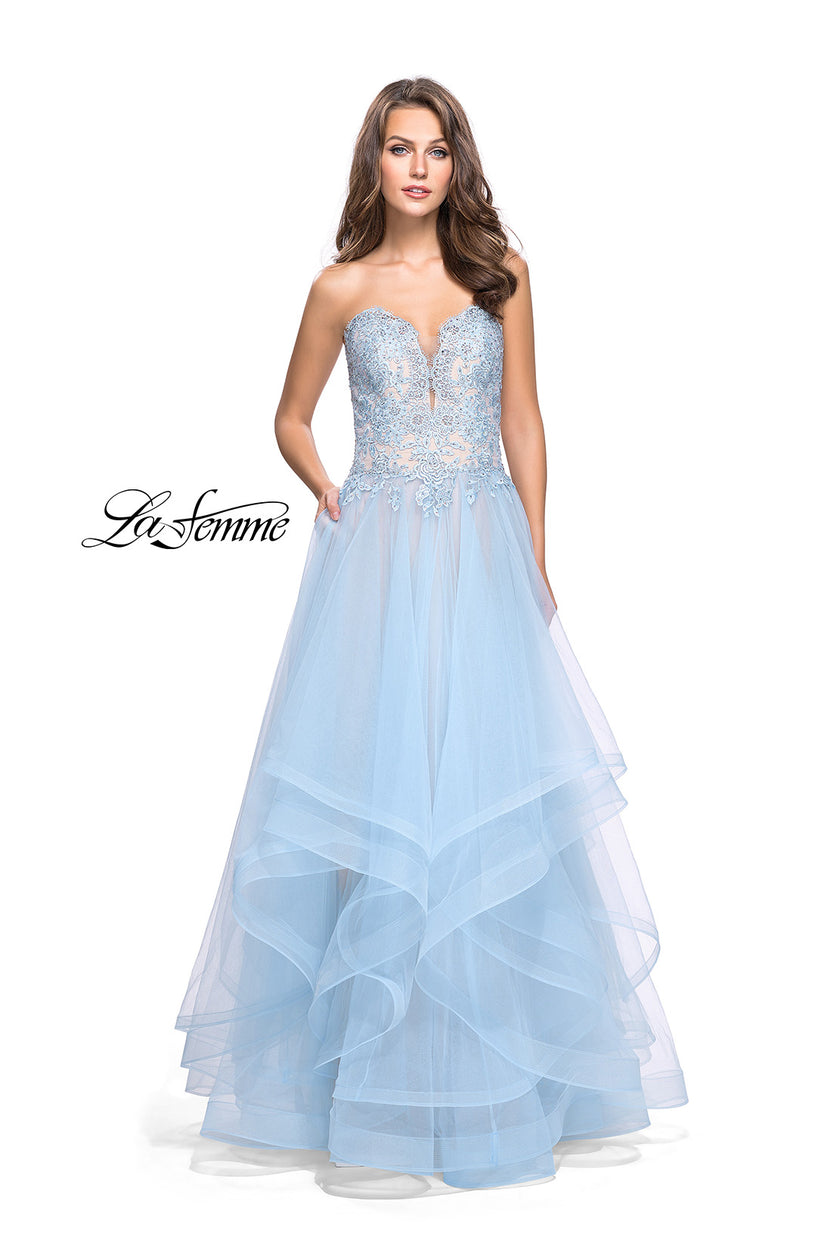 Picture of: Strapless Ruffle Tulle Ball Gown with Beaded Lace Bodice in Powder Blue, Style: 25515, Detail Picture 2