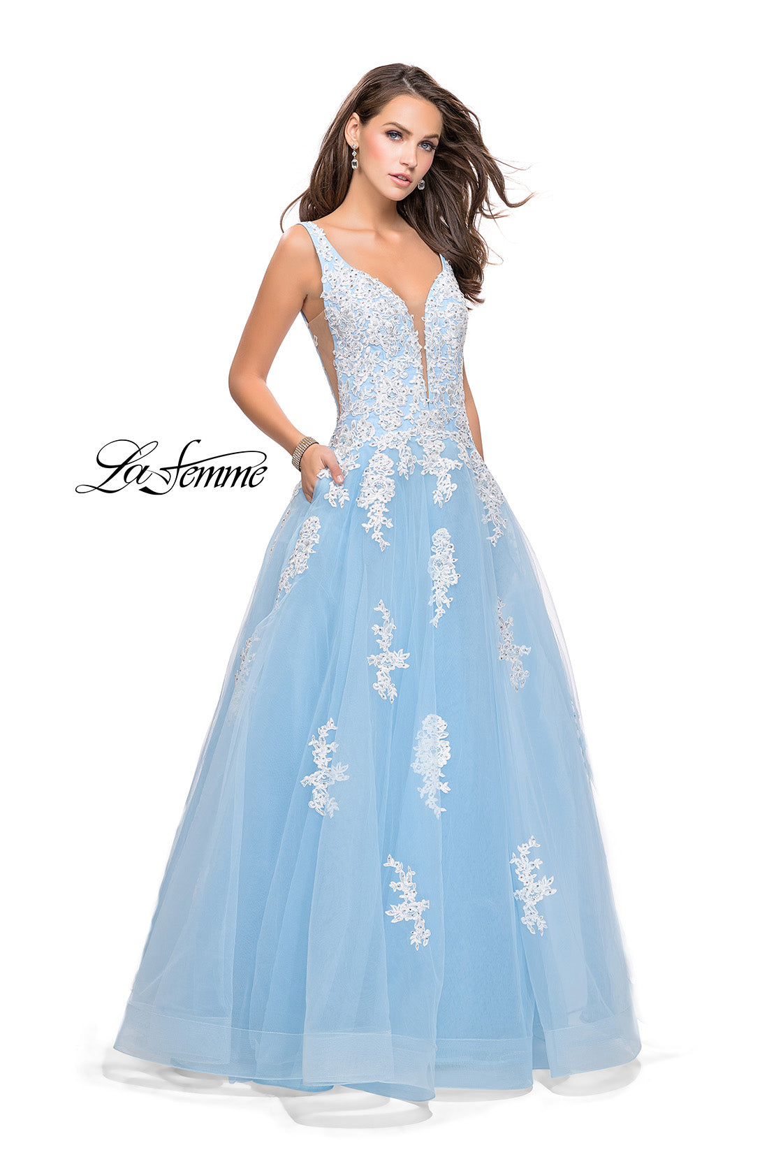 Picture of: Long Tulle Ball Gown with Lace Applique and Side Cut Outs in Powder Blue White, Style: 25624, Detail Picture 2