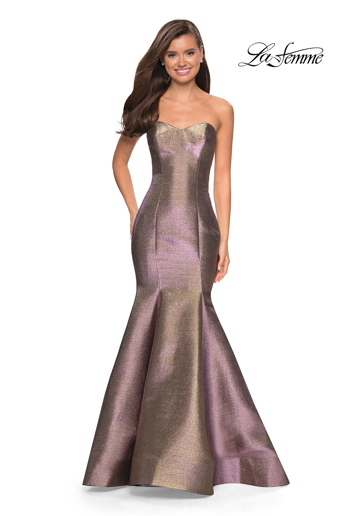 Picture of: Metallic Jersey Mermaid Strapless Prom Dress in Purple/Gold, Style: 27638, Main Picture