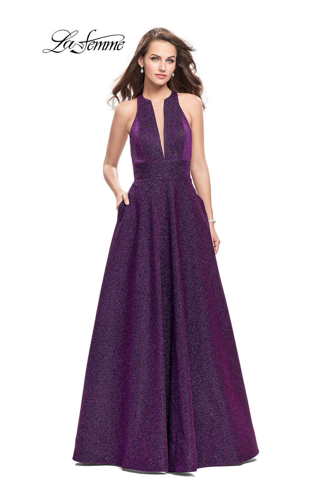 Picture of: Long Sparkling Prom Dress with High Neck and Cut Outs in Purple, Style: 26073, Main Picture