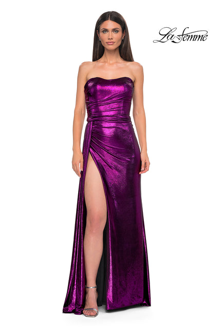 Picture of: Strapless Chic Metallic Jersey Dress with Draped Slit in Purple , Style 32830, Detail Picture 14