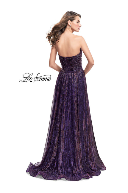 Picture of: Pleated Lame A-line Prom Dress with Ruched Bodice in Purple, Style: 25886, Back Picture