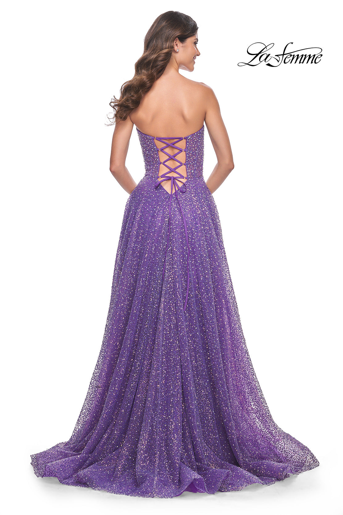 Picture of: Sequin Rhinestone A-Line Tulle Sweetheart Gown with Lace Up Back in Purple, Style: 32136, Back Picture