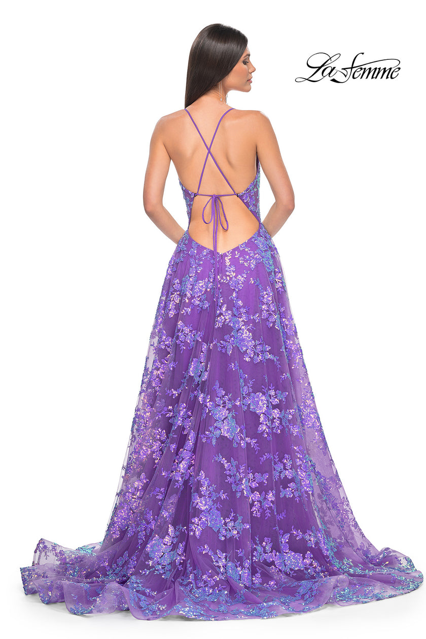 Picture of: Unique Sequin Lace A-line Prom Dress with High Slit in Purple, Style: 32291, Back Picture