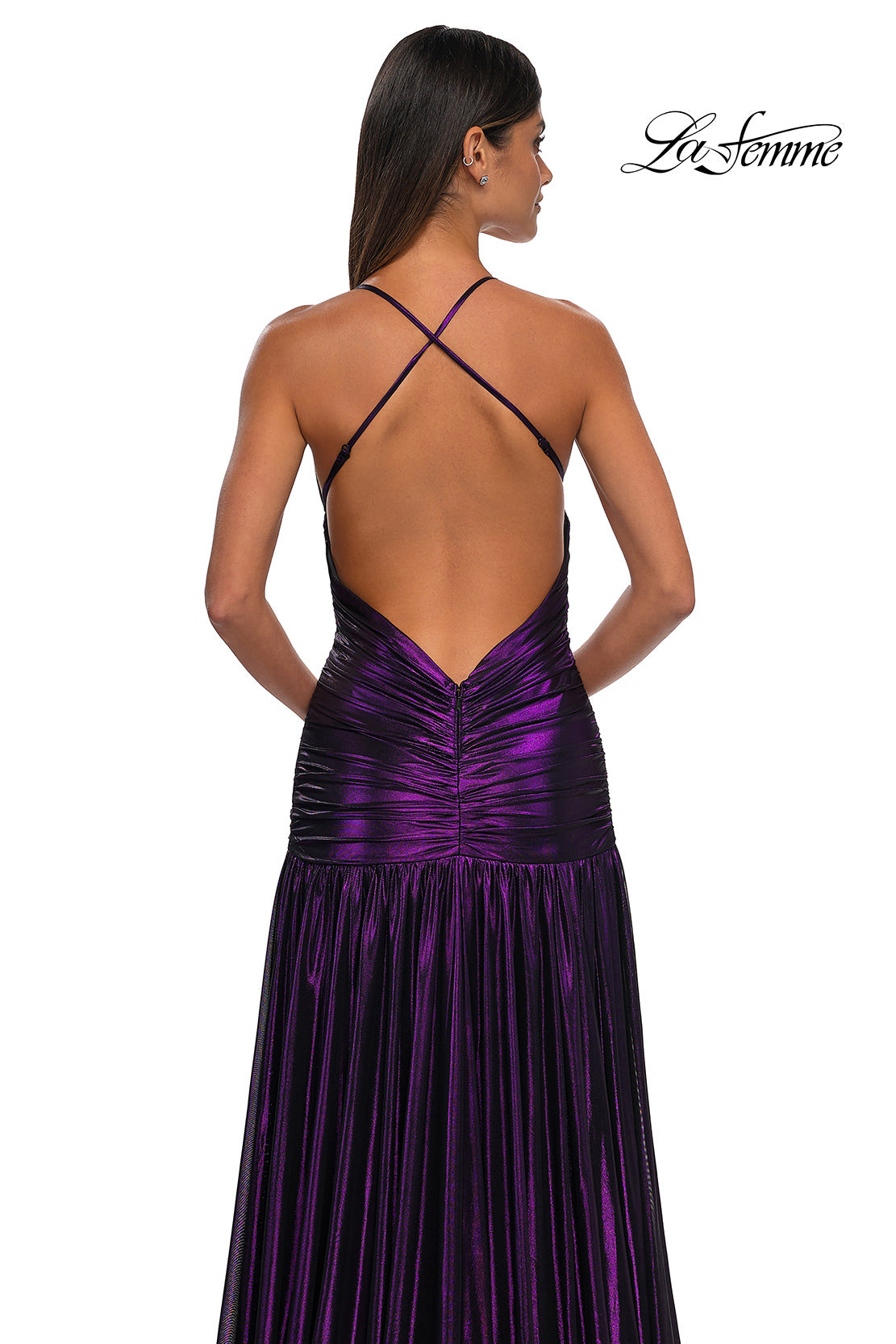 Picture of: Beautiful Long Metallic Net Jersey Gown with Flattering Ruching in Purple, Style: 32887, Detail Picture 21