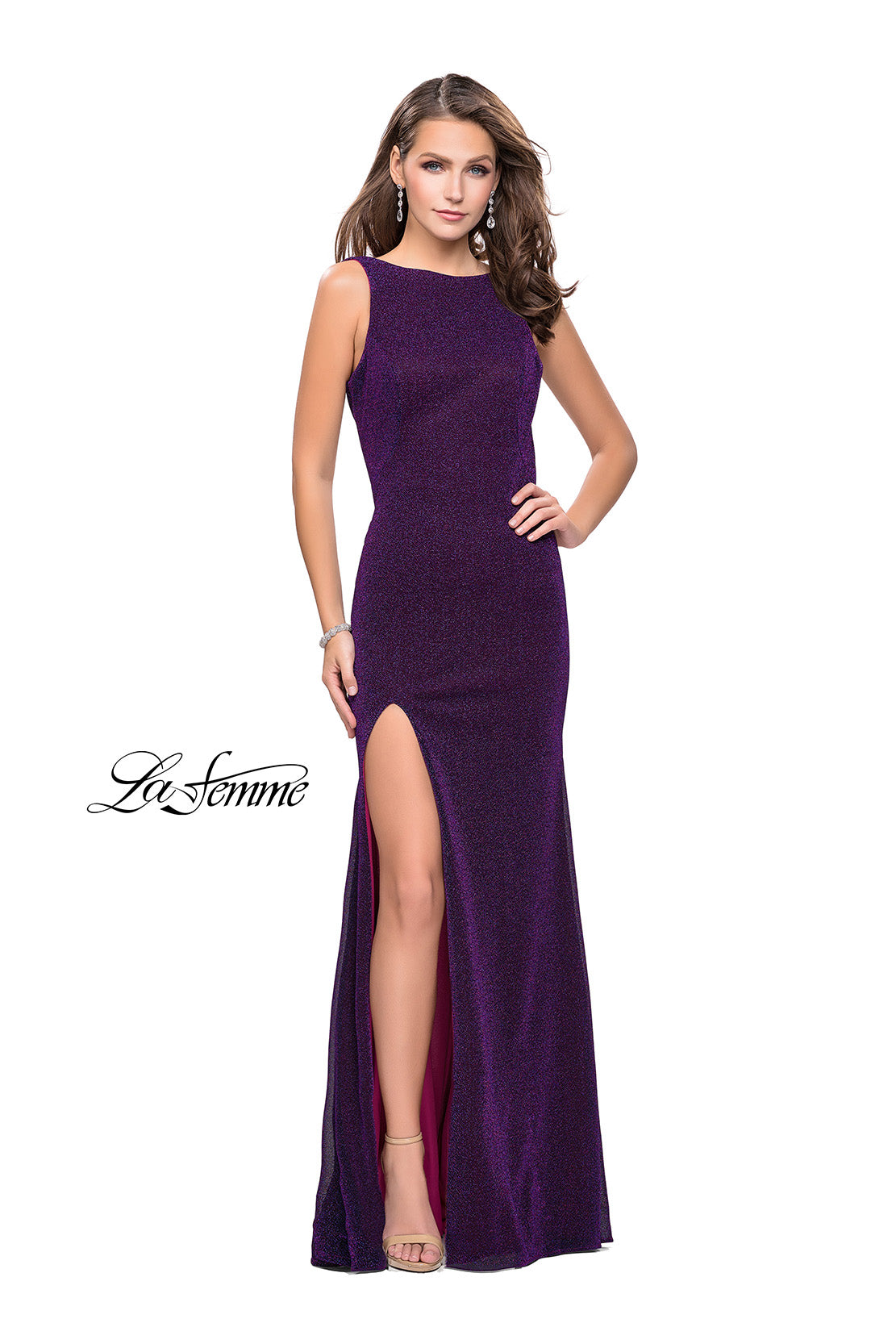 Picture of: Form Fitting Prom Gown with Leg Slit and Ruching in Purple, Style: 25884, Detail Picture 1