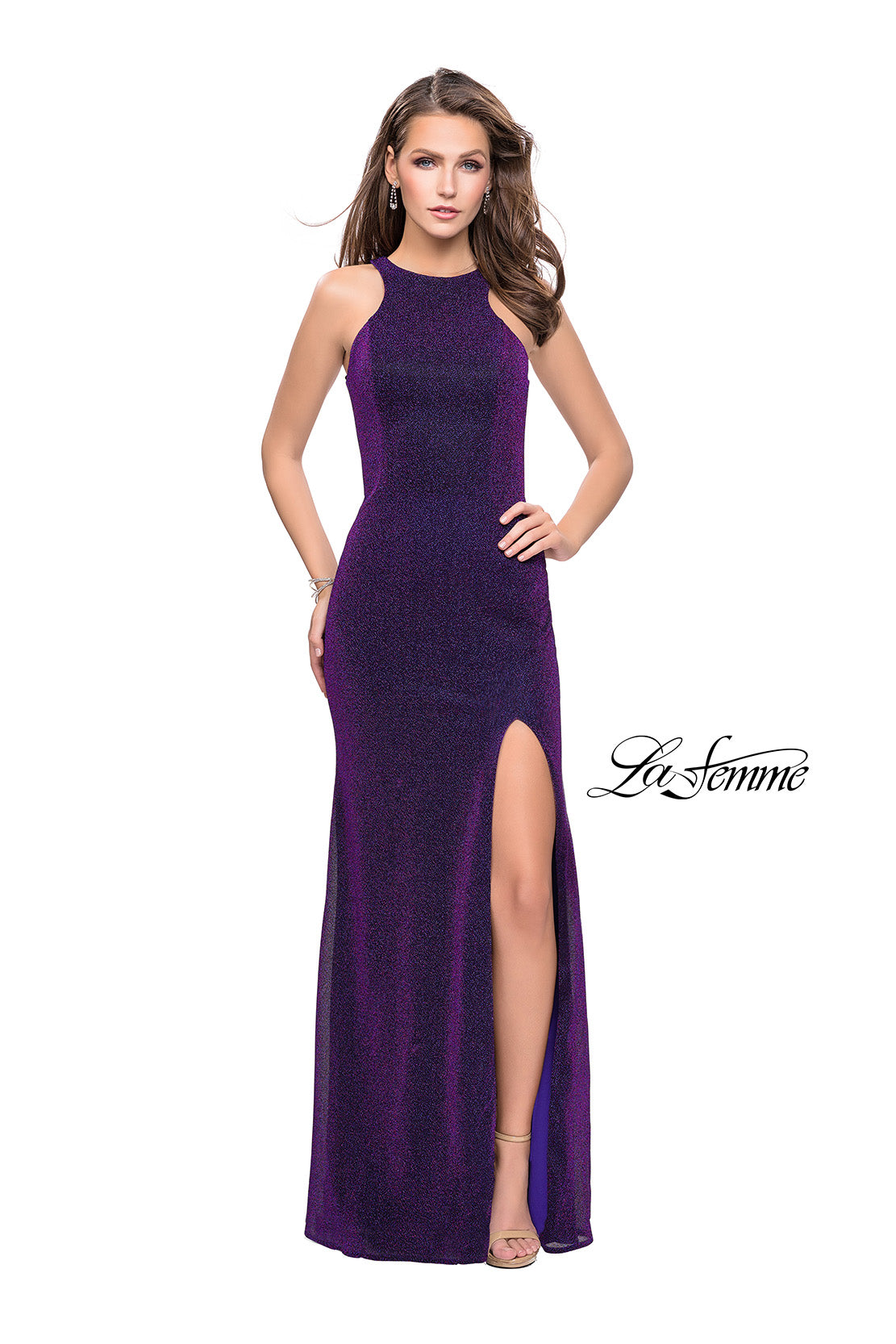 Picture of: Sparkling Jersey Prom Dress with High Neck and Slit in Purple, Style: 25908, Detail Picture 1