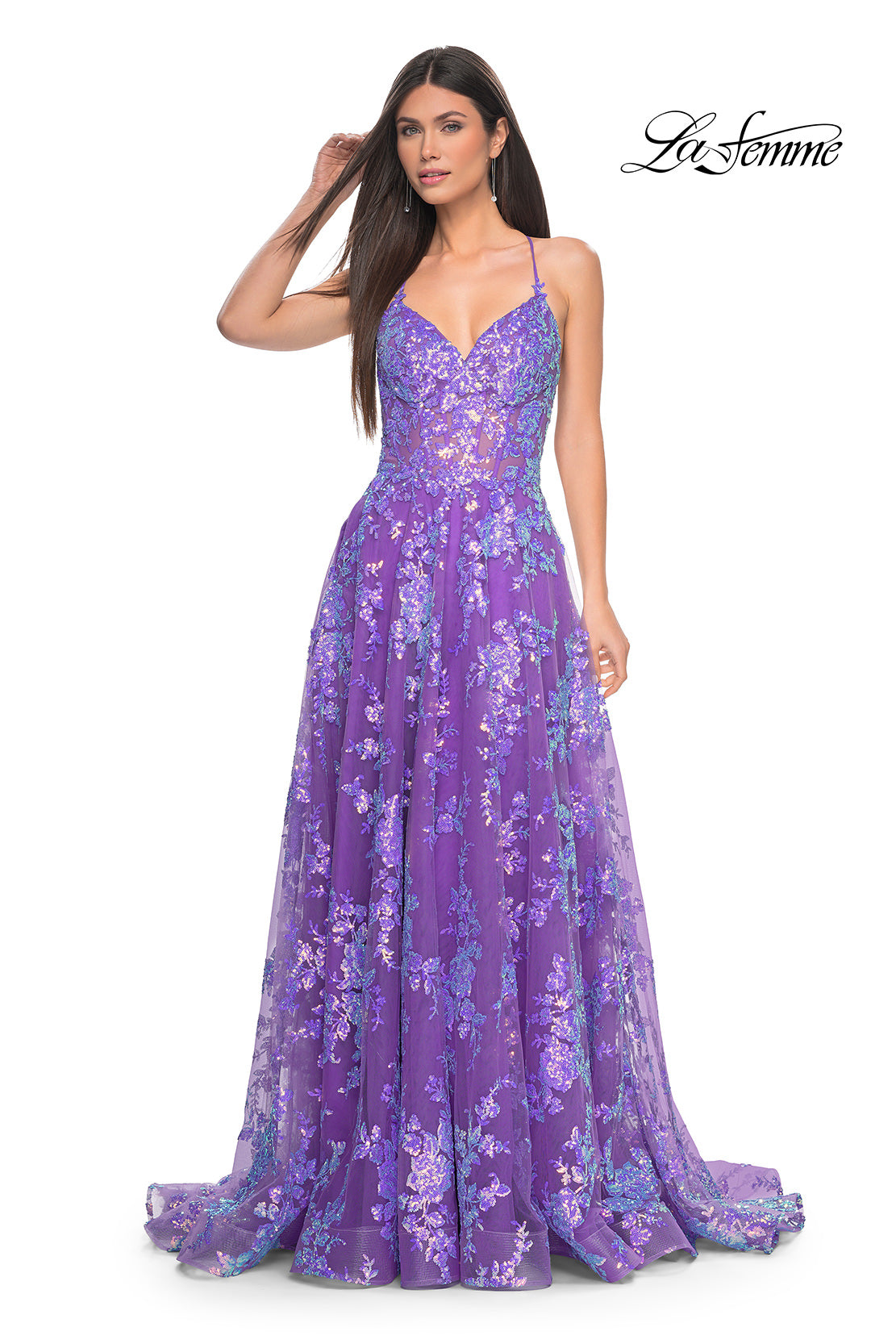 Picture of: Unique Sequin Lace A-line Prom Dress with High Slit in Purple, Style: 32291, Detail Picture 1