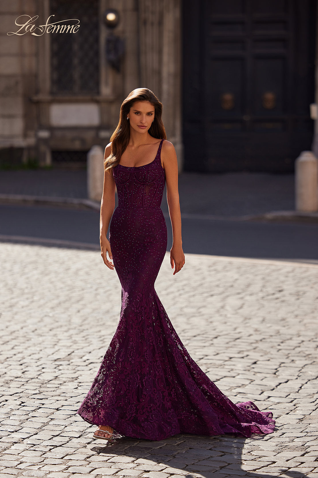 Picture of: Mermaid Stretch Lace Gown with Corset Top in Dark Berry, Style: 32420, Detail Picture 2