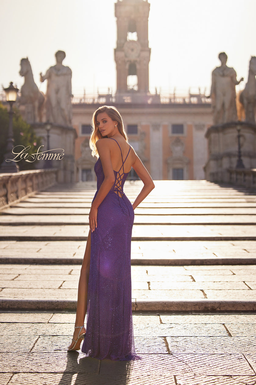 Picture of: Rhinestone Fishnet Dress with Illusion Bodice and Boning in Dark Berry, Style: 32247, Detail Picture 3