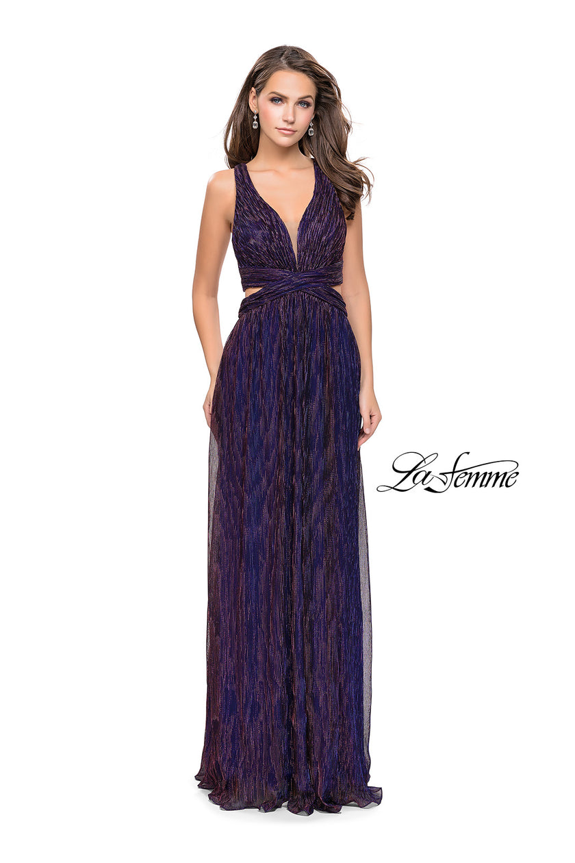 Picture of: Pleated Lame Prom Dress with Cut Outs and a Deep V in Purple, Style: 25643, Detail Picture 2