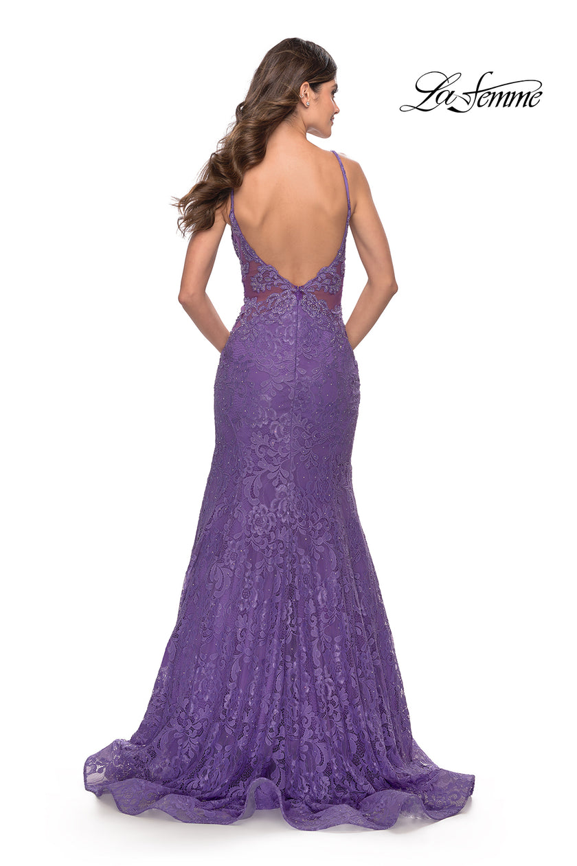 Picture of: Long Mermaid Lace Dress with Back Rhinestone Detail in Purple, Style: 31512, Detail Picture 4