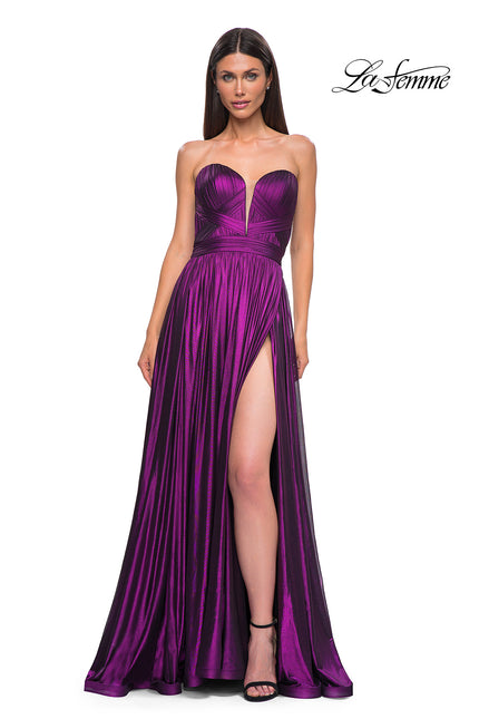 Picture of: Flowy Metallic Net Jersey Prom Dress with Intricate Ruched Bodice in Purple , Style 32899, Detail Picture 5