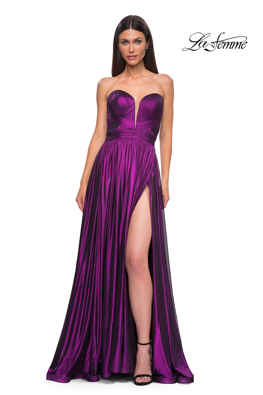 Picture of: Flowy Metallic Net Jersey Prom Dress with Intricate Ruched Bodice in Purple , Style 32899, Detail Picture 5