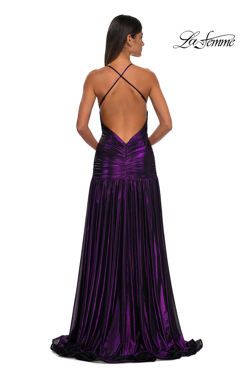 Picture of: Beautiful Long Metallic Net Jersey Gown with Flattering Ruching in Purple, Style: 32887, Detail Picture 7