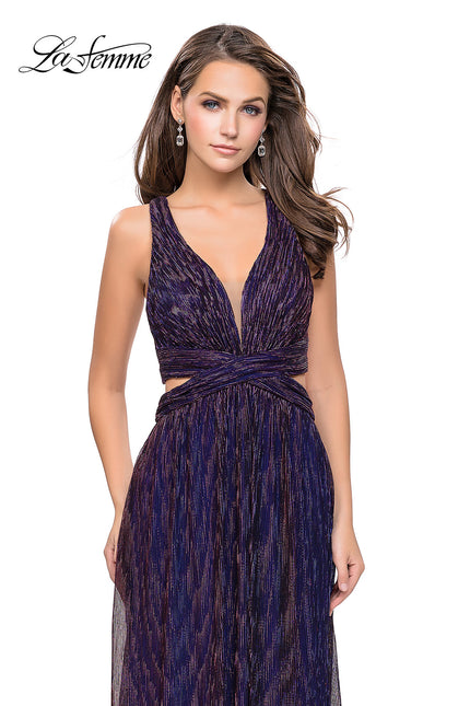 Picture of: Pleated Lame Prom Dress with Cut Outs and a Deep V in Purple/Multi, Style: 25643, Detail Picture 1