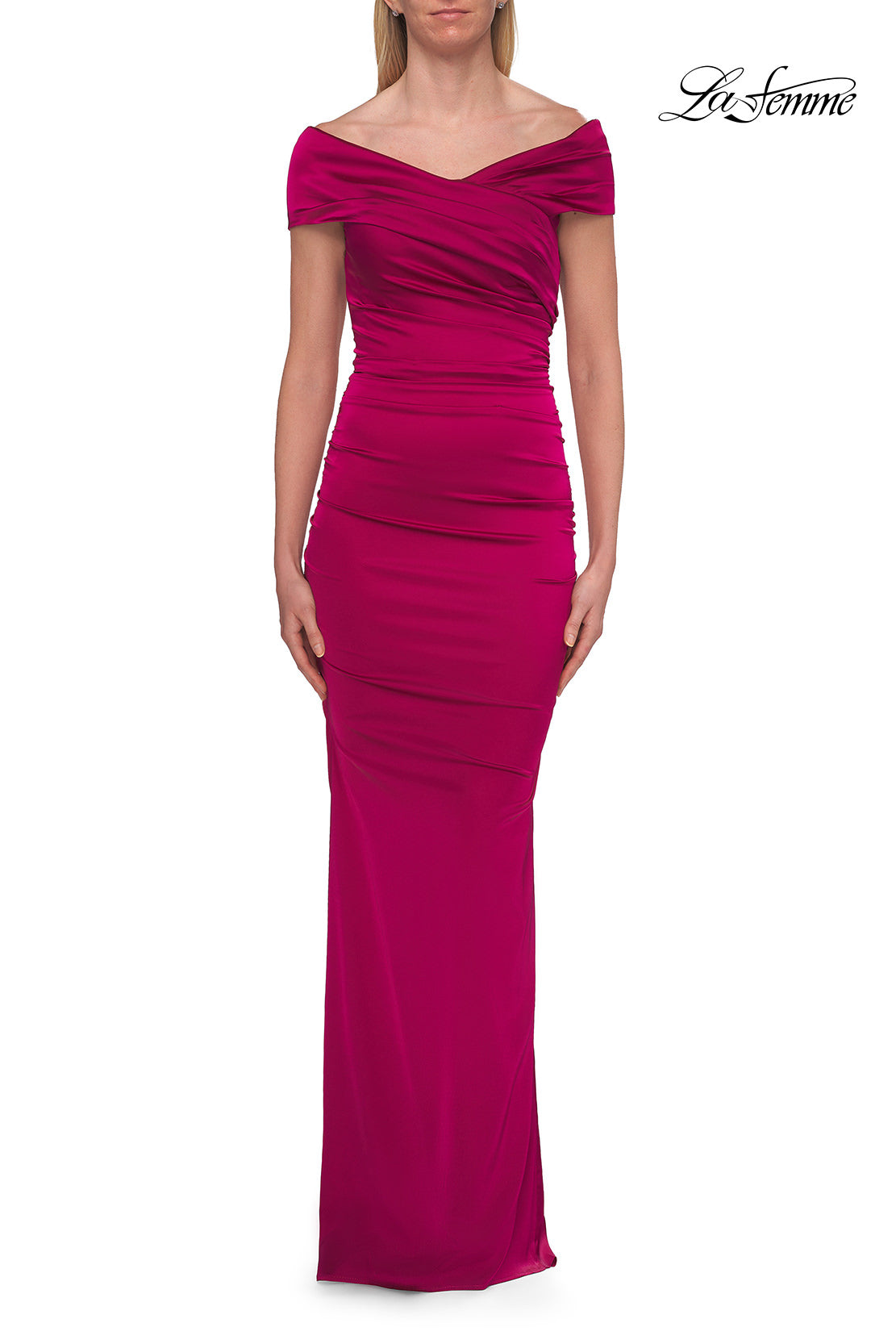 Picture of: Off-the-Shoulder Ruched Satin Evening Gown in Raspberry, Style: 33620, Detail Picture 7