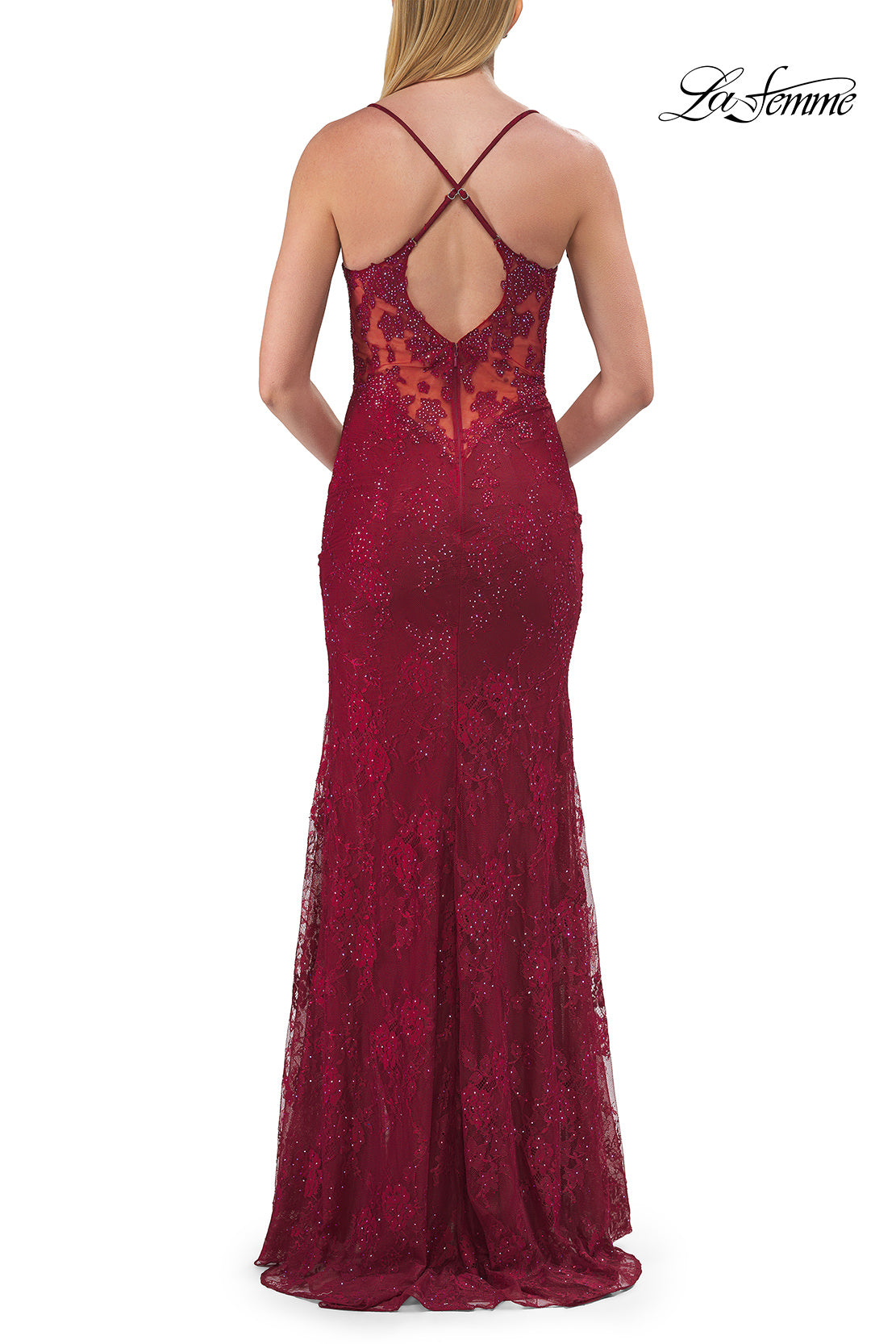 Picture of: Lace Embellished Gown with Spaghetti Straps and High Slit in Raspberry, Style: 33473, Detail Picture 9