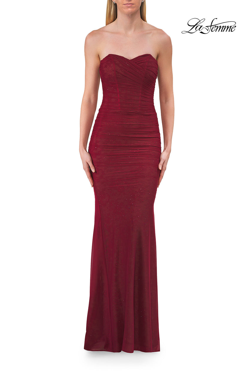 Picture of: Strapless Ruched Jersey Gown with Lace Lining in Raspberry, Style: 33601, Detail Picture 9