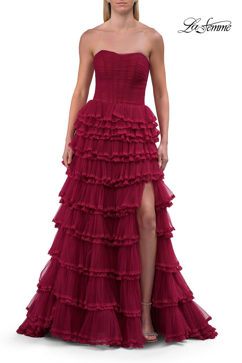 Picture of: Strapless Tiered Ruffle Tulle Gown with Slit in Raspberry, Style: 33727, Detail Picture 10