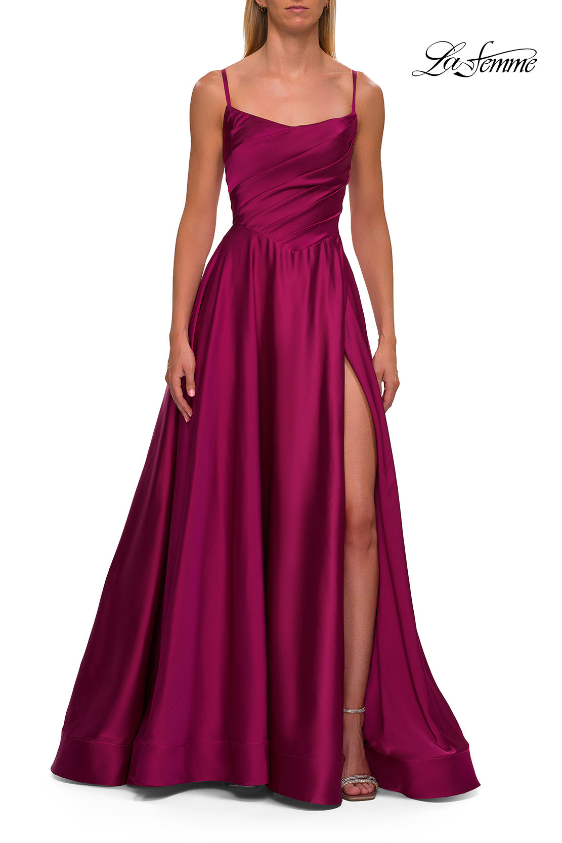Picture of: A-Line Satin Gown with Draped Bodice, Slit, and Lace-Up Back in Raspberry, Style: 33373, Detail Picture 11