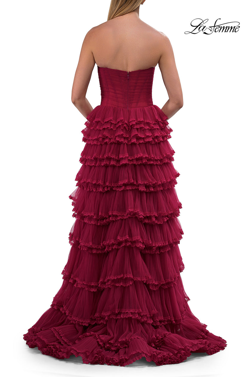 Picture of: Strapless Tiered Ruffle Tulle Gown with Slit in Raspberry, Style: 33727, Detail Picture 11