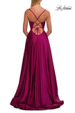 Picture of: A-Line Satin Gown with Draped Bodice, Slit, and Lace-Up Back in Raspberry, Style: 33373, Detail Picture 12