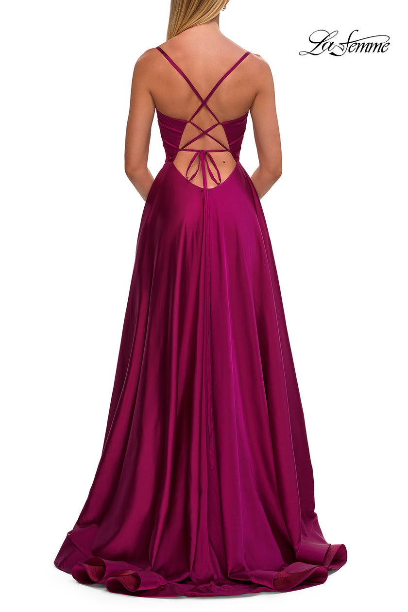 Picture of: A-Line Satin Gown with Draped Bodice, Slit, and Lace-Up Back in Raspberry, Style: 33373, Detail Picture 12