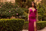 Picture of: Fitted Satin Gown with Plunging Neckline and Strappy Back in Raspberry, Style: 33423, Detail Picture 12, Landscape