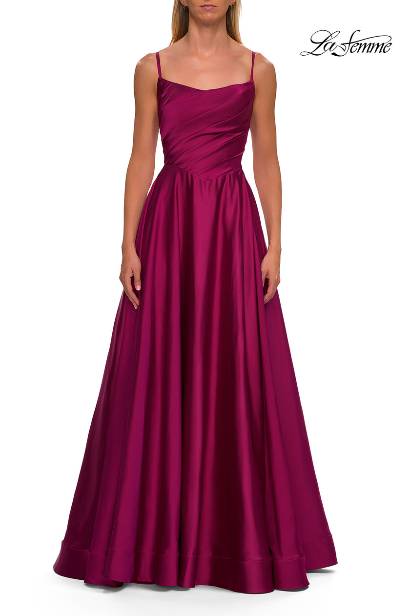 Picture of: A-Line Satin Gown with Draped Bodice, Slit, and Lace-Up Back in Raspberry, Style: 33373, Detail Picture 13