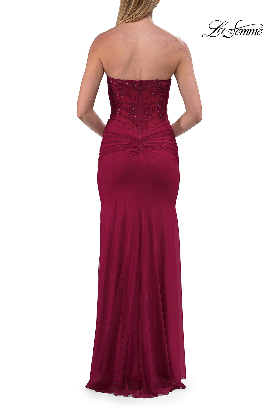 Picture of: Strapless Corset Gown with High Slit and Ruched Jersey Skirt in Raspberry, Style: 33465, Detail Picture 25