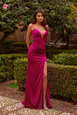 Picture of: Fitted Satin Gown with Plunging Neckline and Strappy Back in Raspberry, Style: 33423, Detail Picture 2