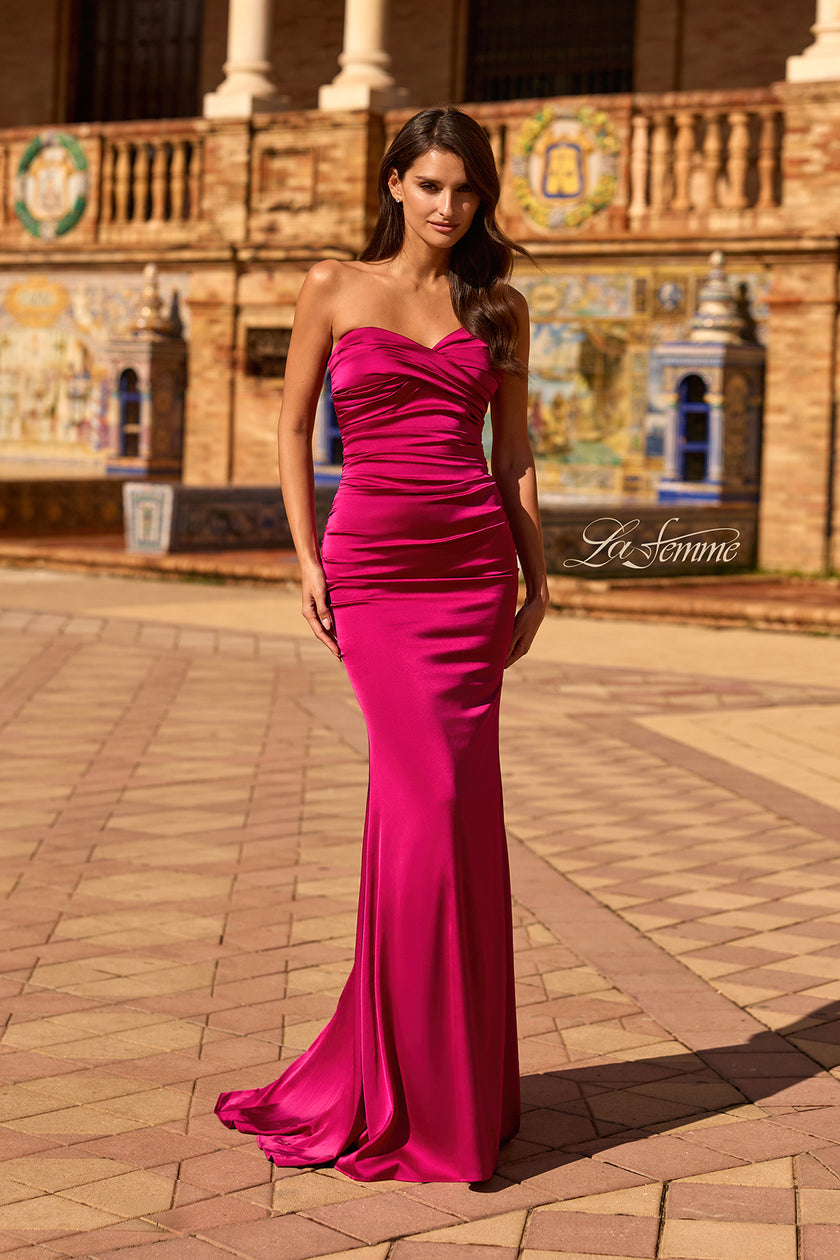 Picture of: Simple Strapless Satin Gown with Ruching Detail in Raspberry, Style: 33531, Detail Picture 3
