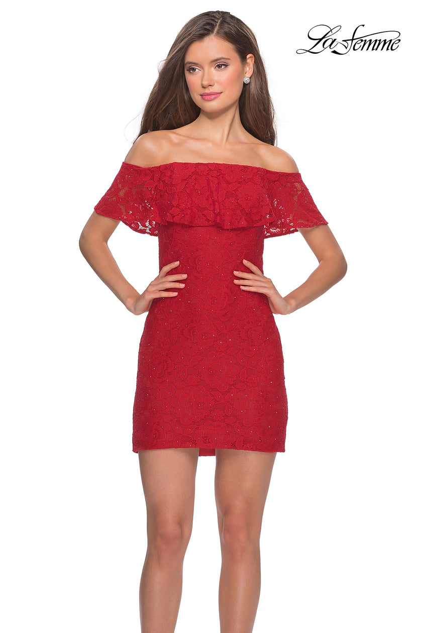 Picture of: Off The Shoulder Form Fitting Lace Party Dress in Red, Style: 28147, Main Picture