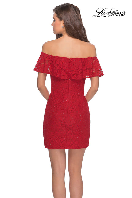 Picture of: Off The Shoulder Form Fitting Lace Party Dress in Red, Style: 28147, Back Picture