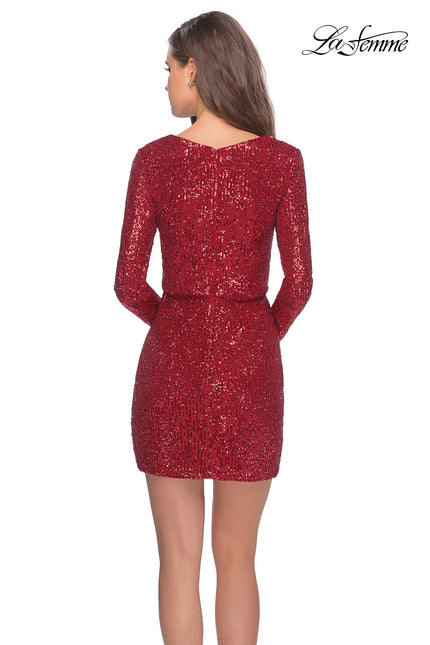 Picture of: Long Sleeve Sequin Dress with Faux Wrap Skirt in Red, Style: 28316, Back Picture