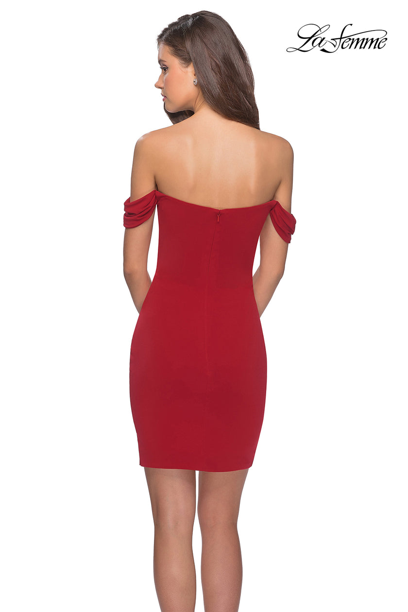 Picture of: Short Dress with Scalloped Off The Shoulder Sleeves in Red, Style: 28193, Detail Picture 2