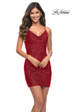 Picture of: Stretch Sequin Fitted Dress with Strappy Lace Up Back in Red, Detail Picture 2