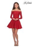 Picture of: Short Lace Dress with Off The Shoulder Long Sleeves in Red, Style: 28175, Detail Picture 7