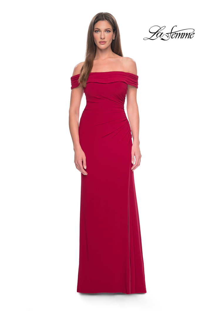 Picture of: Off the Shoulder Jersey Dress with Ruching and Slit in Navy, Style: 31086, Main Picture