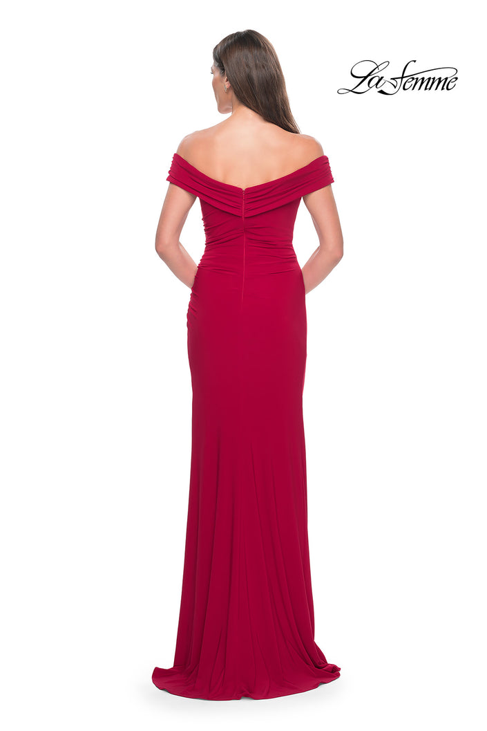 Picture of: Off the Shoulder Jersey Dress with Ruching and Slit in Navy, Style: 31086, Back Picture